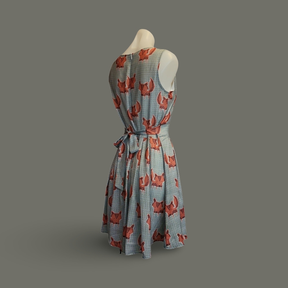 L.A. Soul Fox Print Fit & Flare Sleeveless Tie Dress Blue Orange S Polyester - Picture 5 of 10